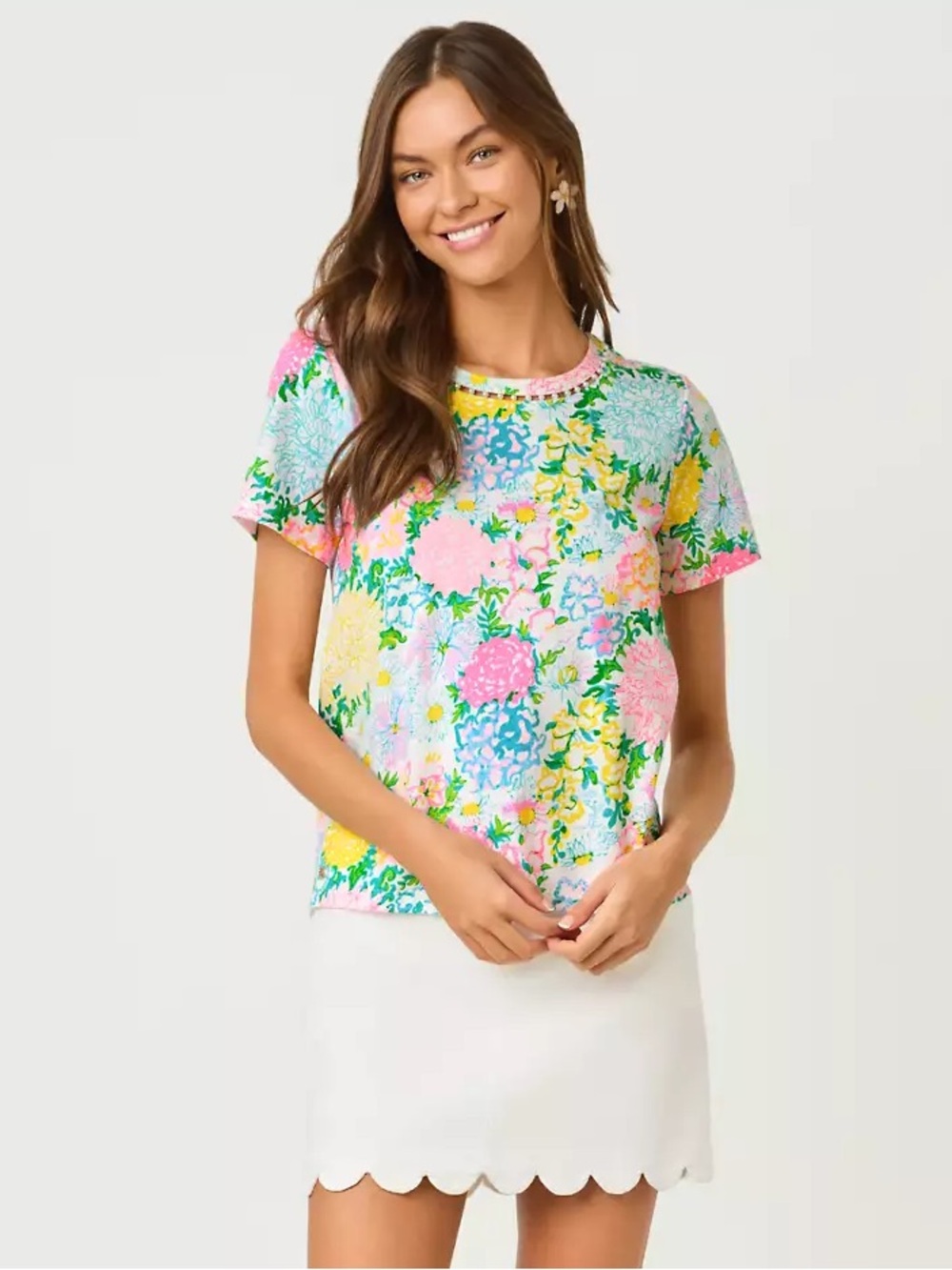 Lilly Pulitzer Pastel Floral Pearl-Trim Tee in Pink, Yellow & Blue